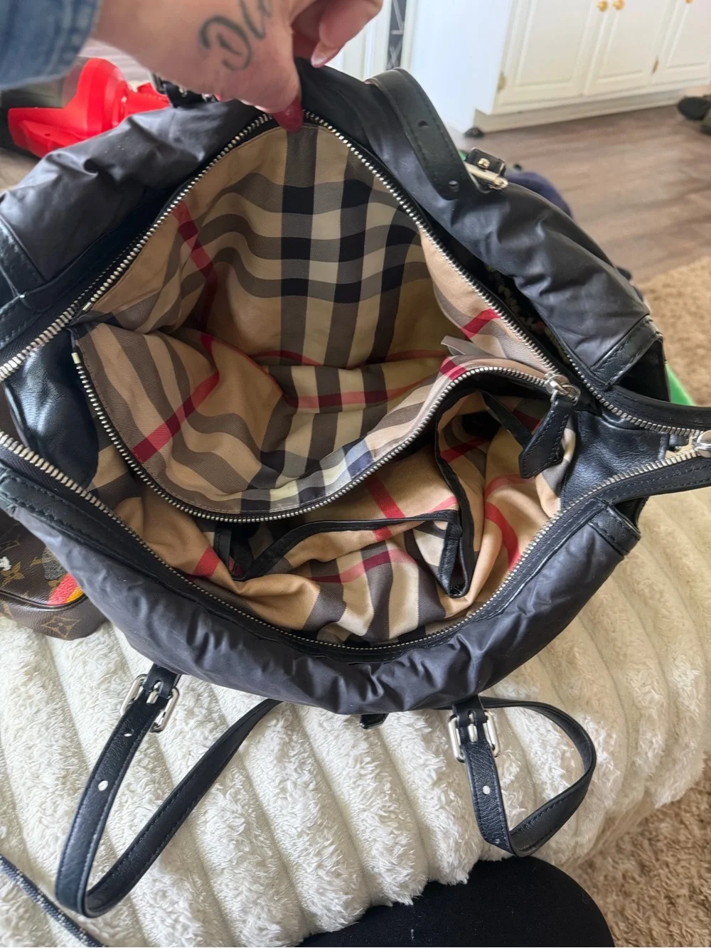 Burberry Black Quilted Nylon Tote with Leather Trim